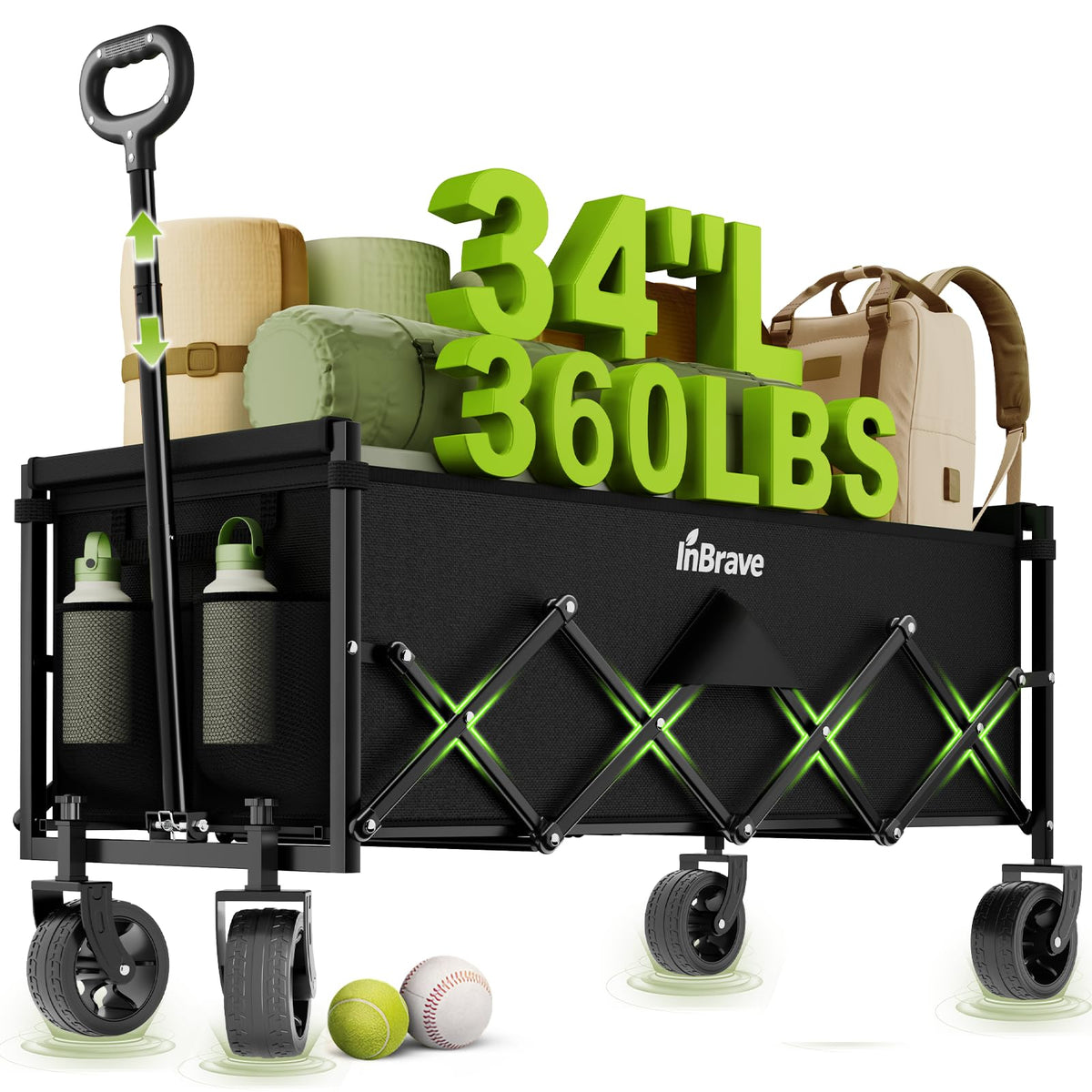 34" Extra Long Collapsible Wagon Cart, 360LBS Capacity, Black