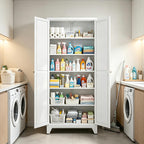75" White Metal Pantry Cabinet with Doors & 5 Adjustable Shelves