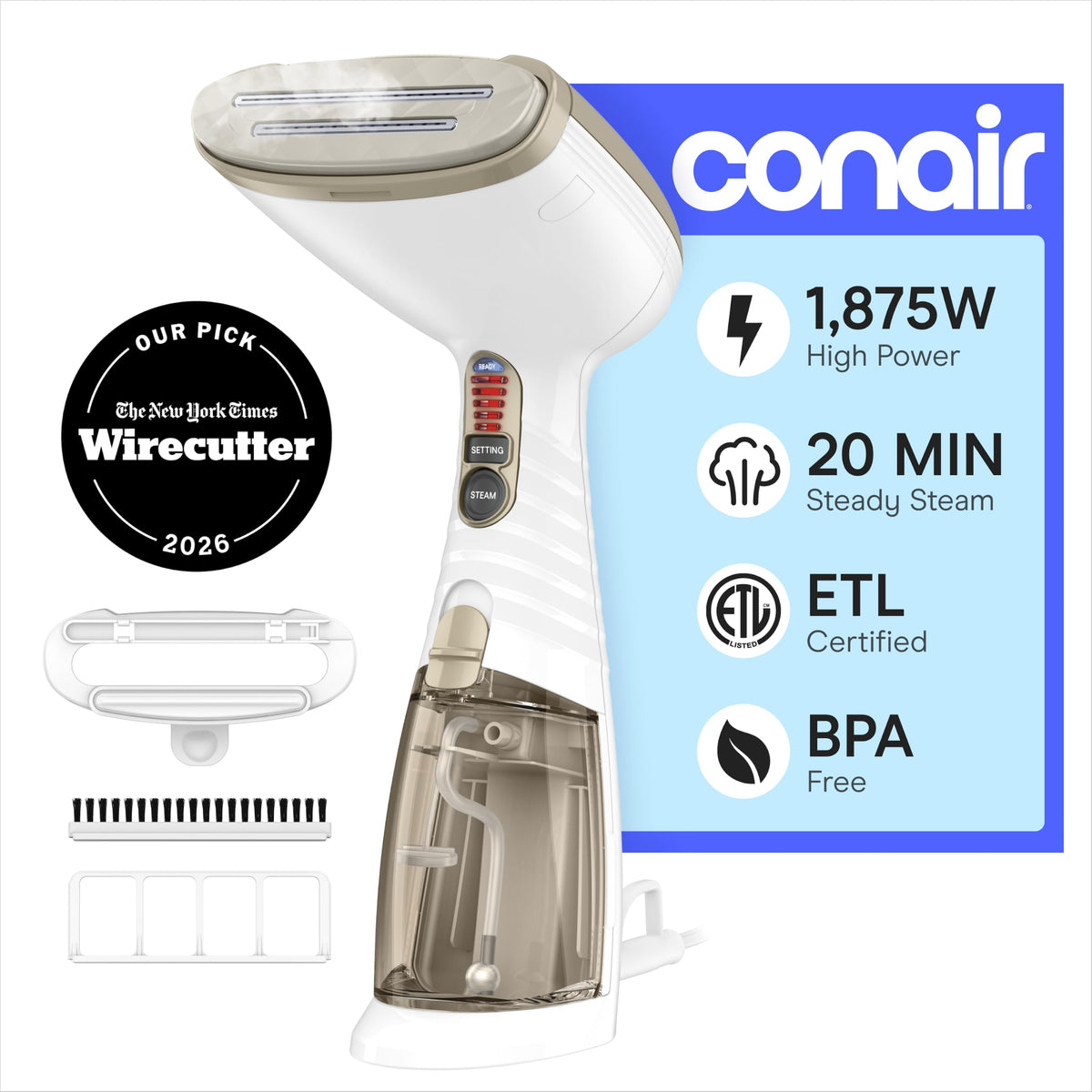 Conair Steamer for Clothes & Upholstery, Handheld, 3 Attachments, White