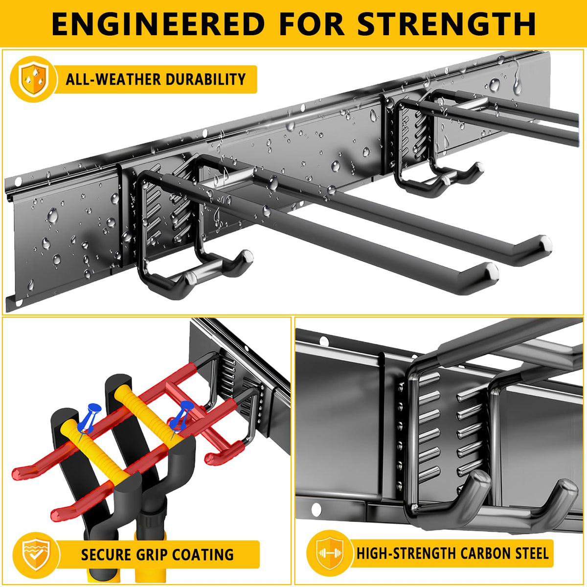 Garage Tool Organizer Wall Mount, 48inch Heavy-Duty Garage Storage System and Garden Tool Organizer with 6 Adjustable Double Hooks for Shovel