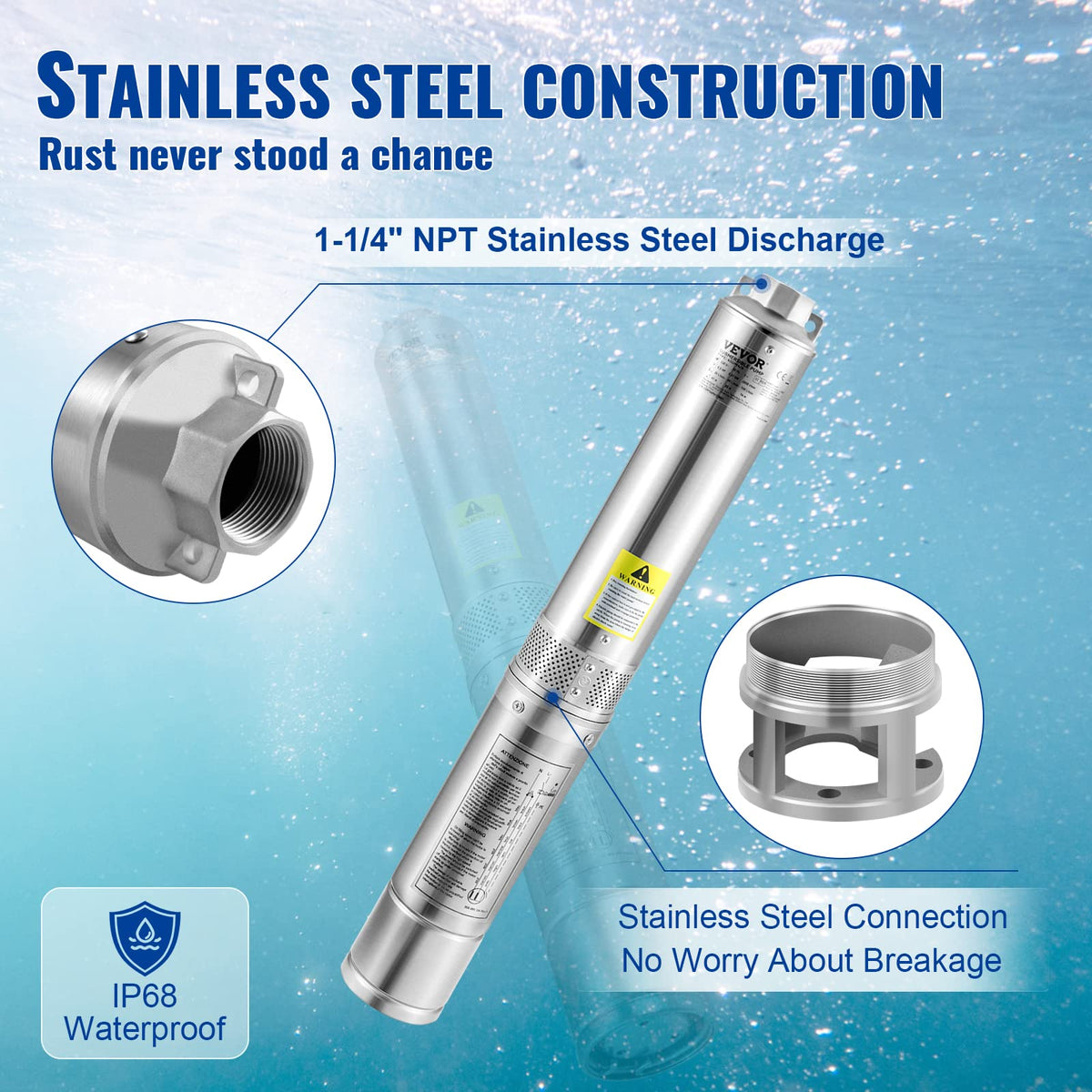 VEVOR Deep Well Submersible Pump 1 HP 115V/60Hz 37 GPM Flow 207 ft Head