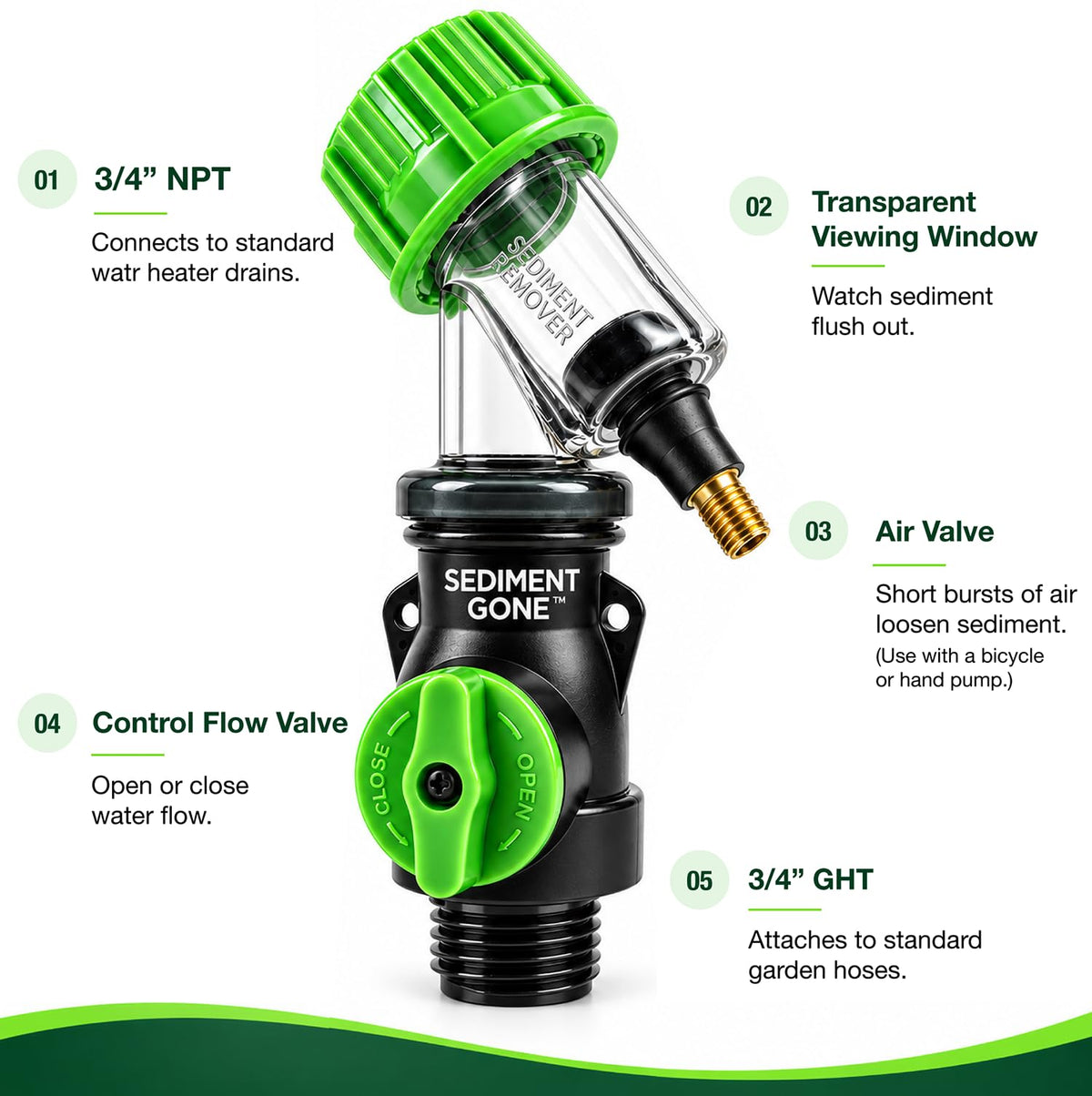 The Original Sediment Gone™ Water Heater Flush Kit & Sediment Removal Tool