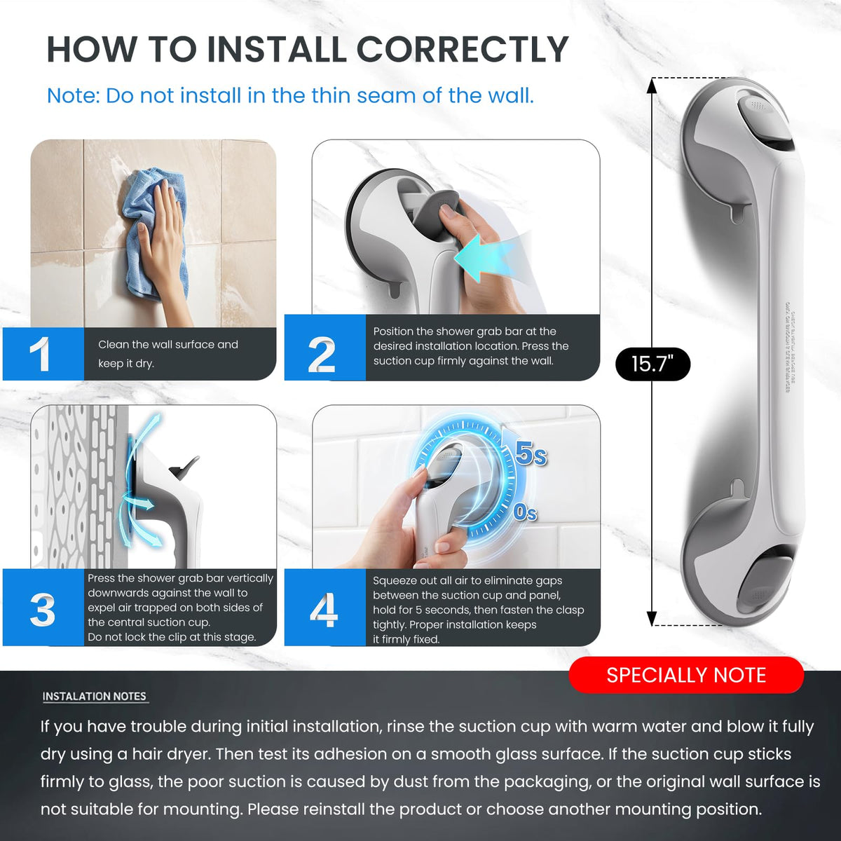 2 Pack Grab Bars for Shower, 16 Inch Shower Handles for Elderly