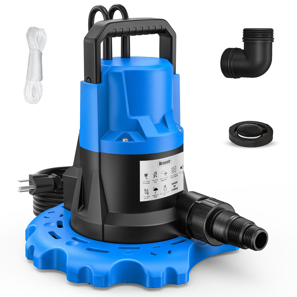 1 HP Automatic Cover Pump, 5000 GPH Submersible Pumps with 3/4” Check Valve Adapter & 25ft Power Cord, Water Removal for Pool, Hot Tubs, Rooftops