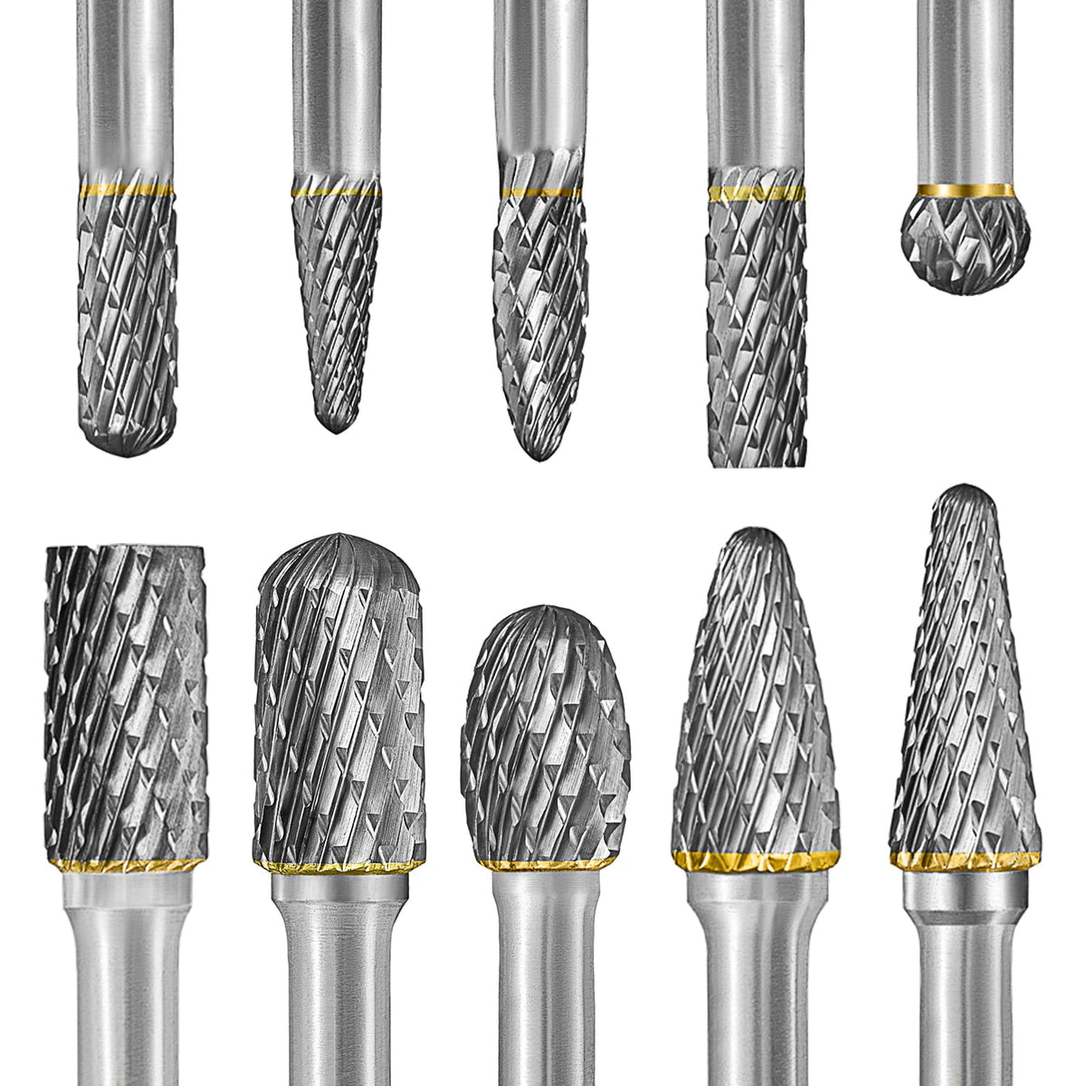 Tungsten Carbide Burr Set 1/4" Shank 10PC Double Cut Rotary Cutting Burrs Die Grinder Bits for Steel and Wood Working, Grinding, Carving, and