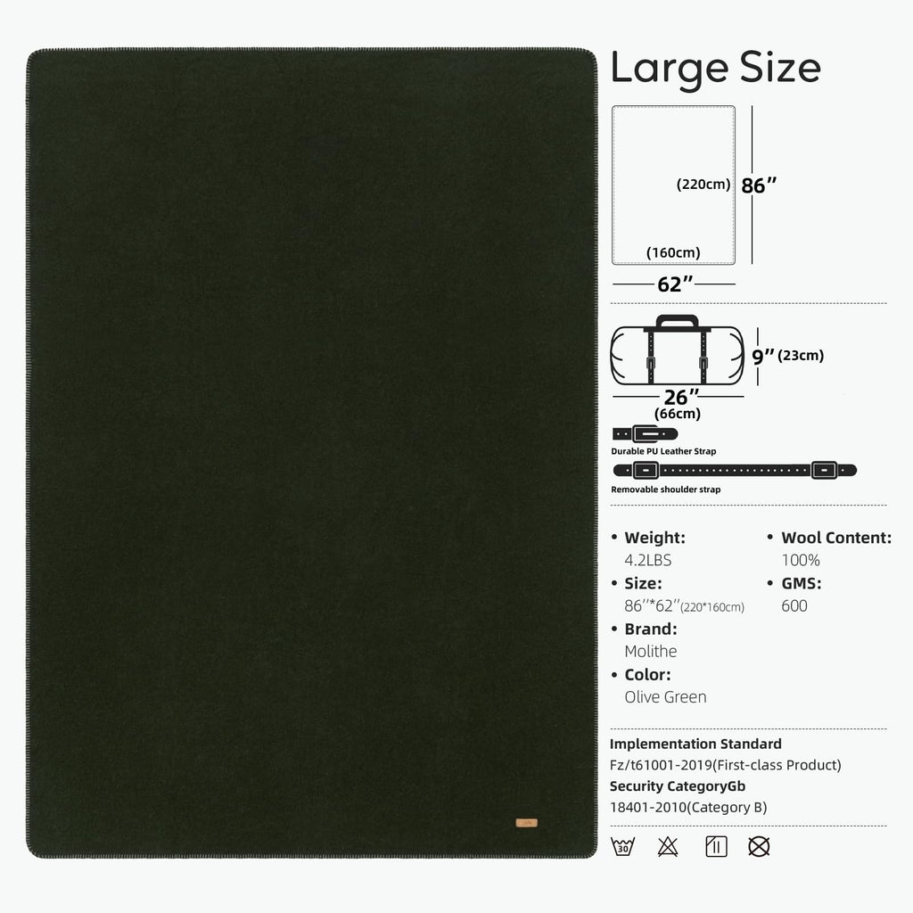 100% Wool Blanket, 62" x 86", Warm, Thick, Military, Camping Gear