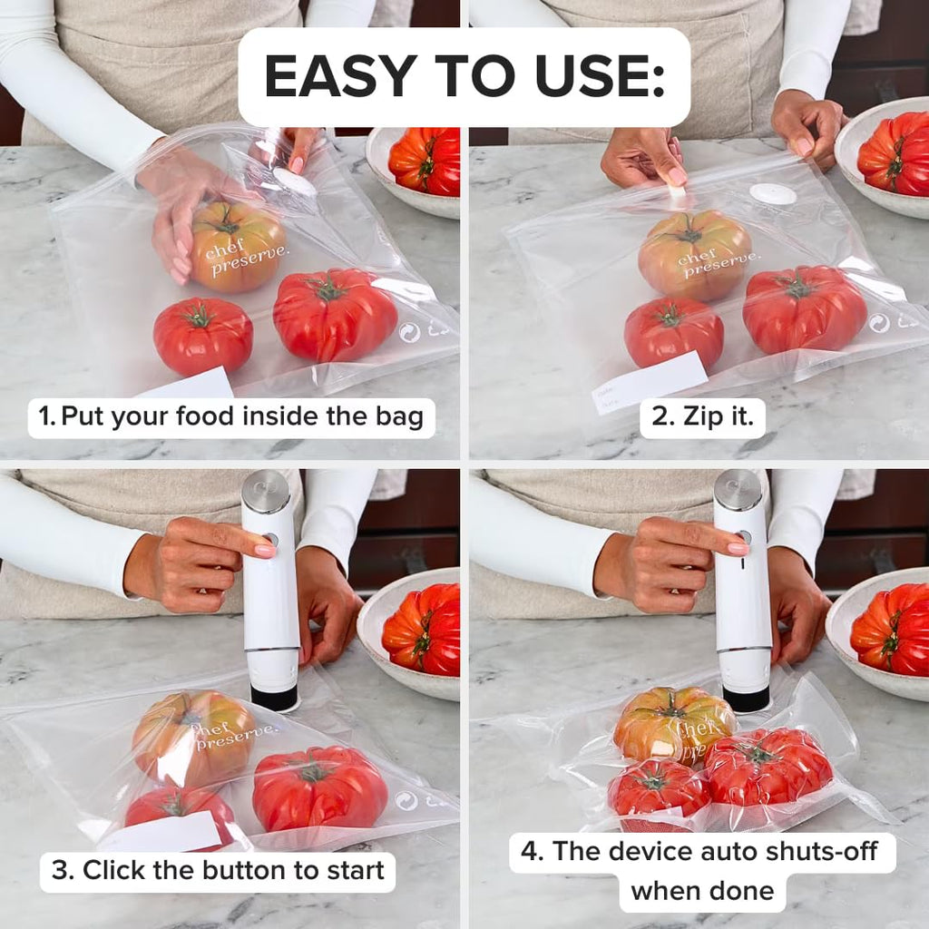Chef Preserve Compact Vacuum Sealer for Food (Vacuum Sealer Machine + 20 Reusable Vacuum Bags) Powerful Handheld Vacuum Sealer Machine, Seal Meal