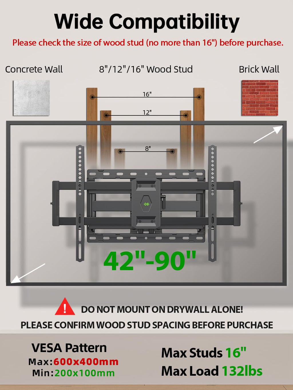 USX Mount Full Motion TV Wall Mount for 42-90 inch TV Holds up to 132lbs