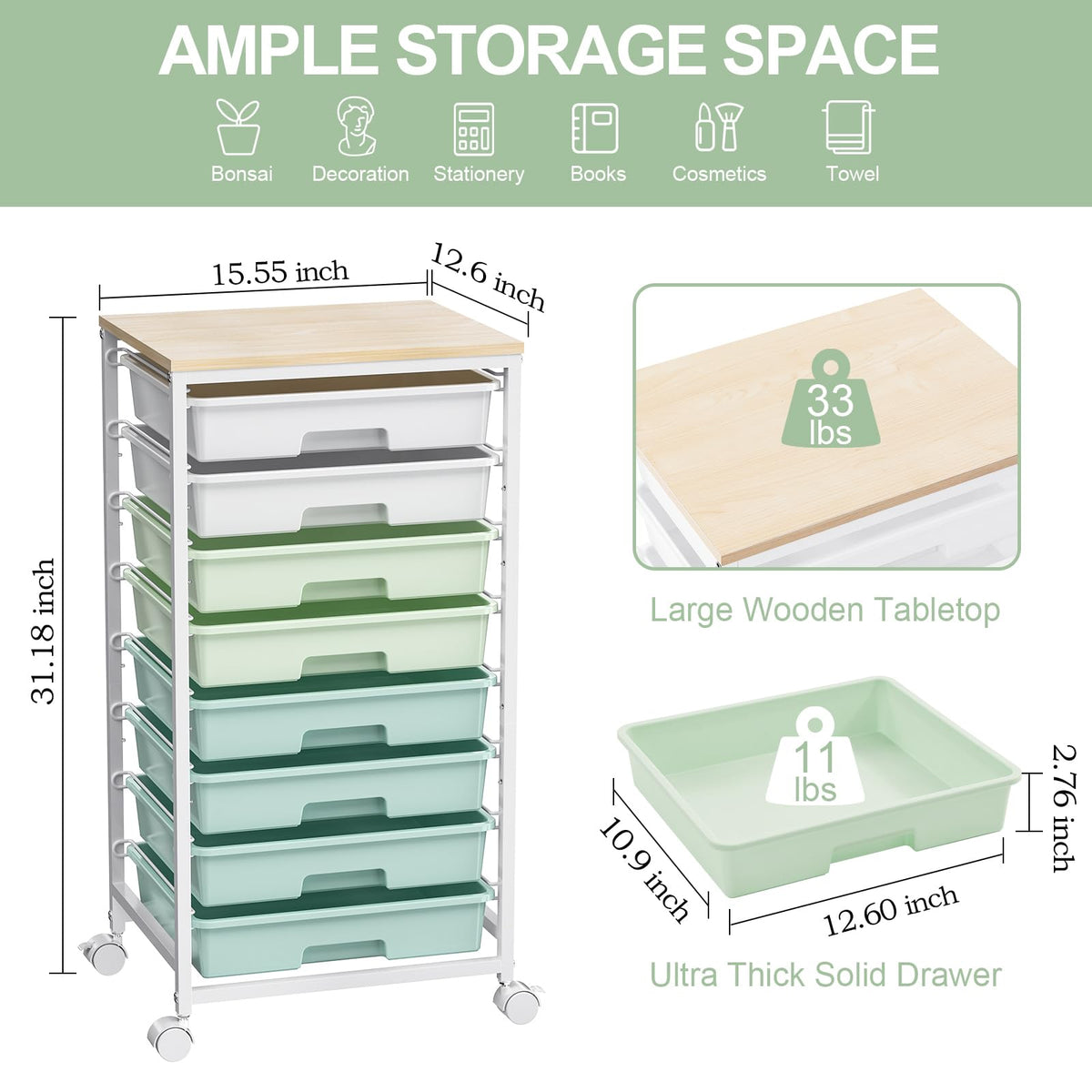 Rolling Cart with Drawers,Craft Organizers and Storage, Green