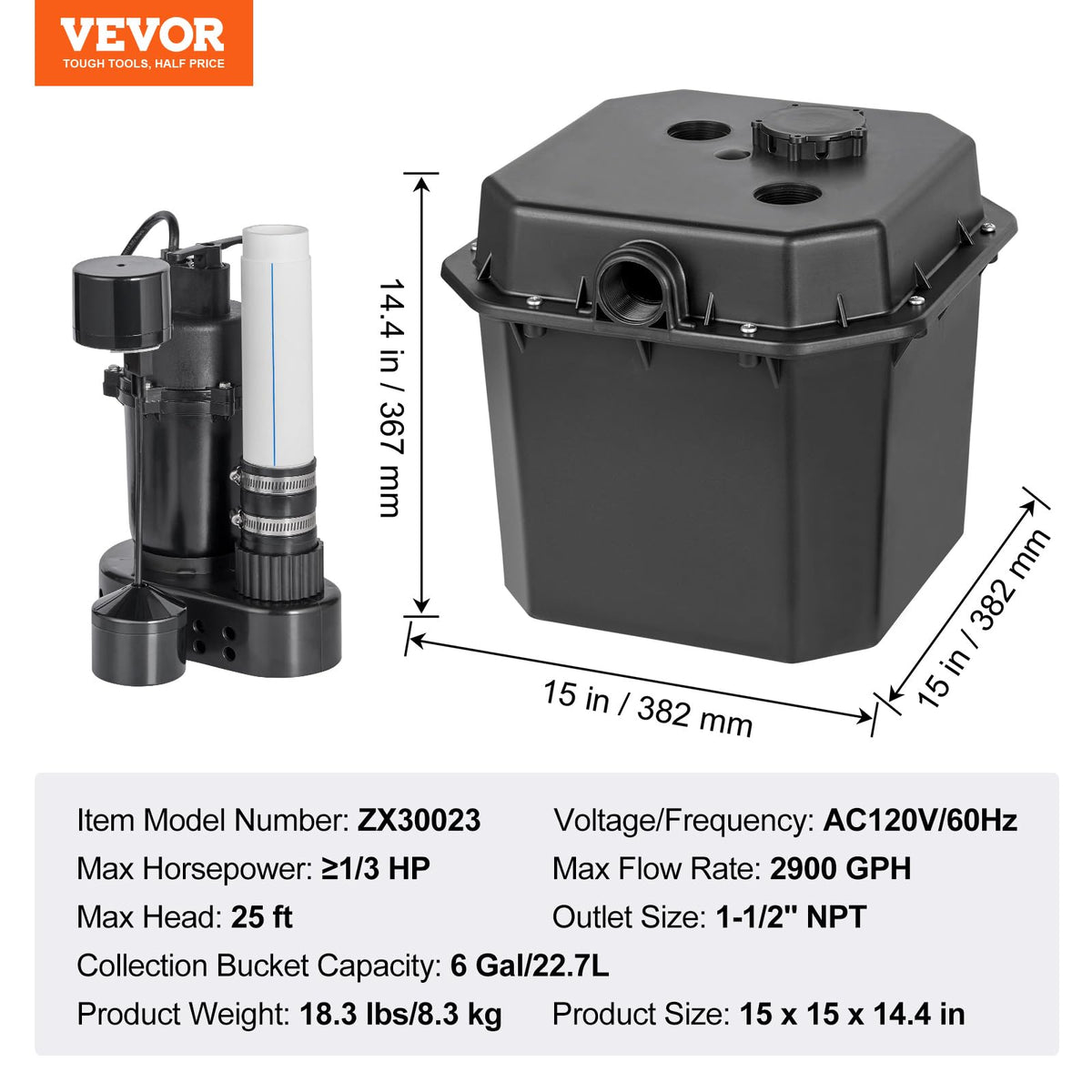 VEVOR Utility Sink Pump, 1/3 HP, 120-Volt, 2900 GPH Flow, 25 ft Head, Under-Sink Sump Pump System with 6 Gallon Basin, for Automatic Utility/Laundry