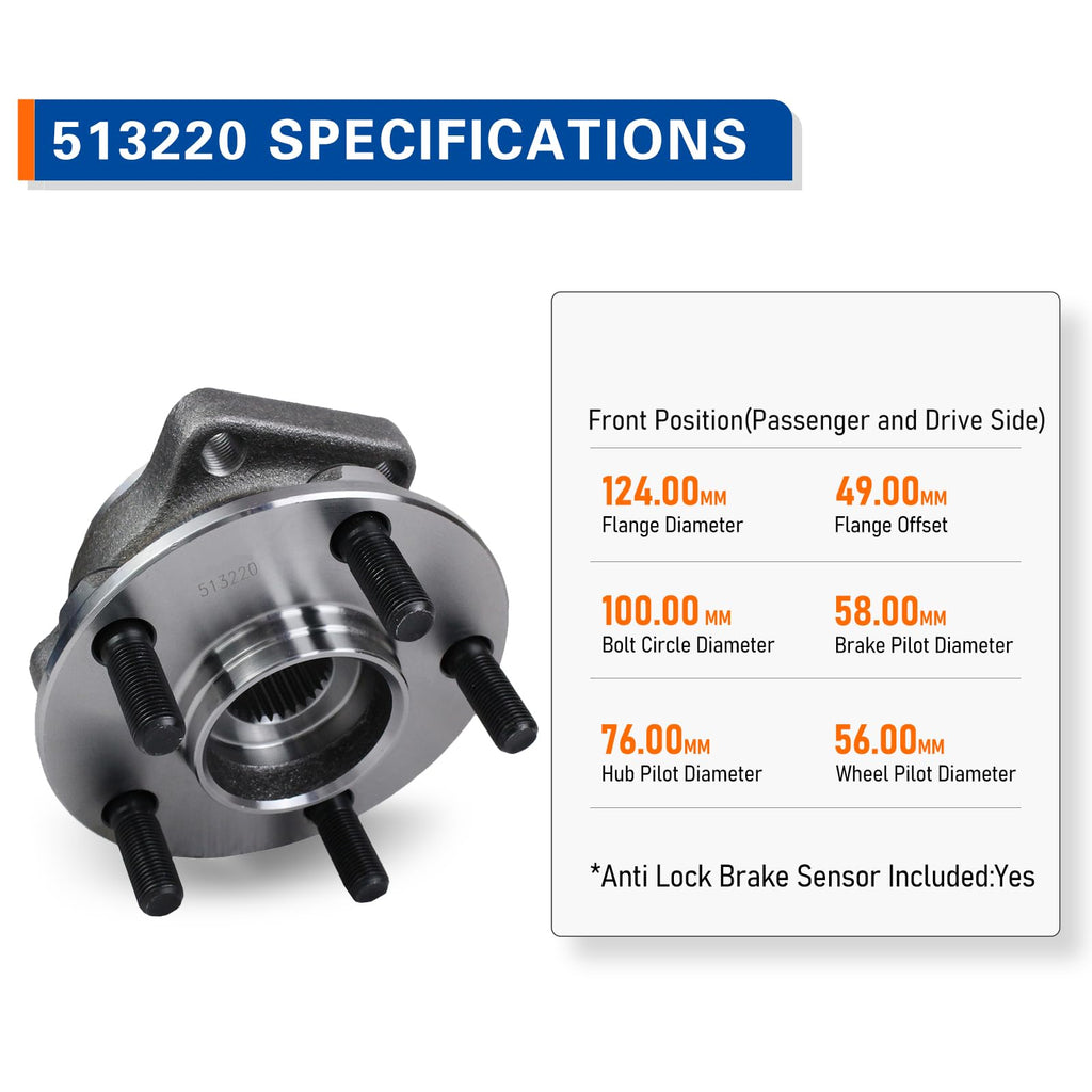 513220 Front Wheel Hub and Bearing Assembly Compatible with 2005-2014 Subaru Outback, 2005-2014 Subaru Legacy 5Lugs w/ABS