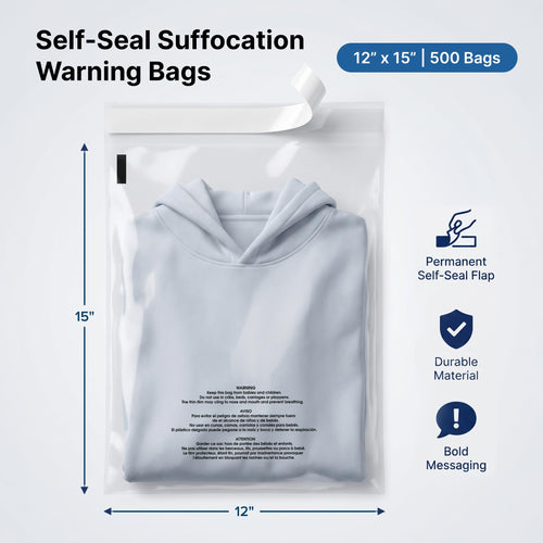 12" X 15" (500 Count) Self Seal Clear Poly Bags with Suffocation Warning