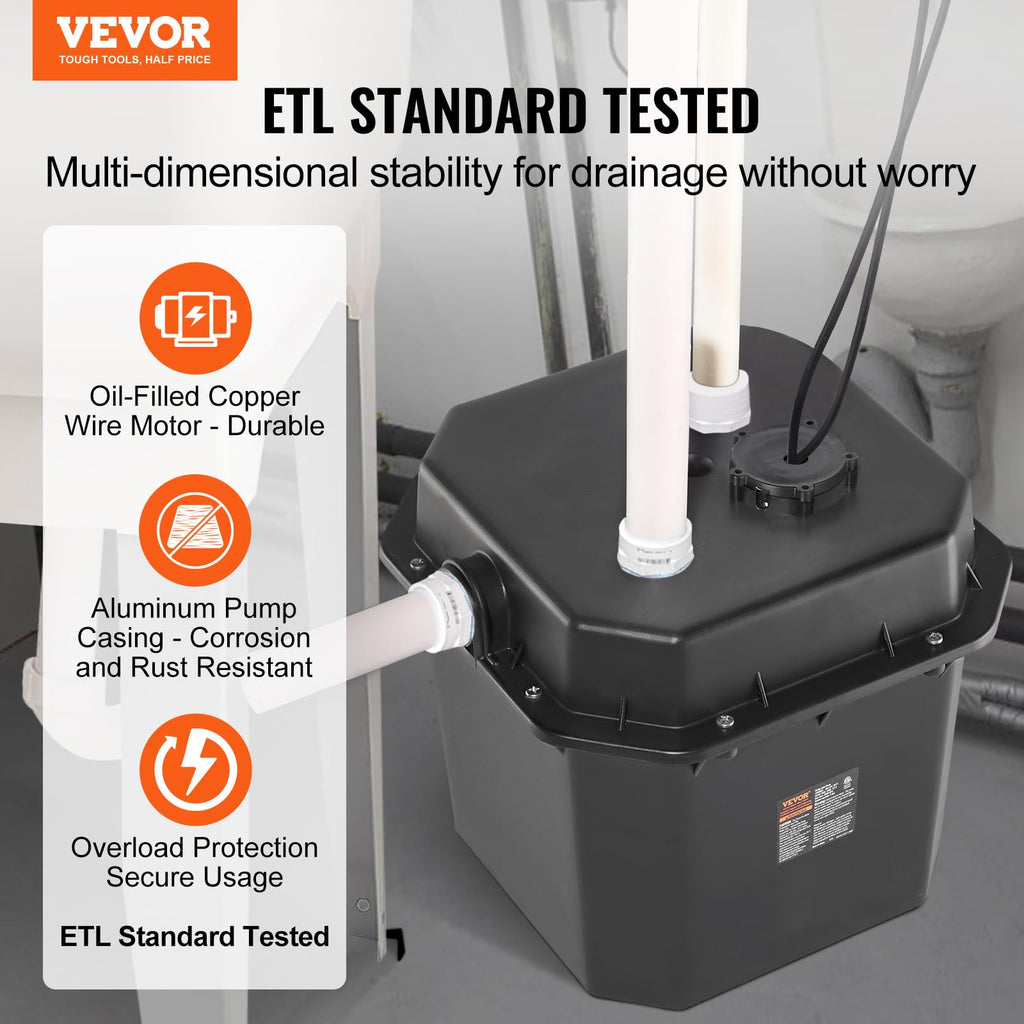 VEVOR Utility Sink Pump, 1/3 HP, 120-Volt, 2900 GPH Flow, 25 ft Head, Under-Sink Sump Pump System with 6 Gallon Basin, for Automatic Utility/Laundry