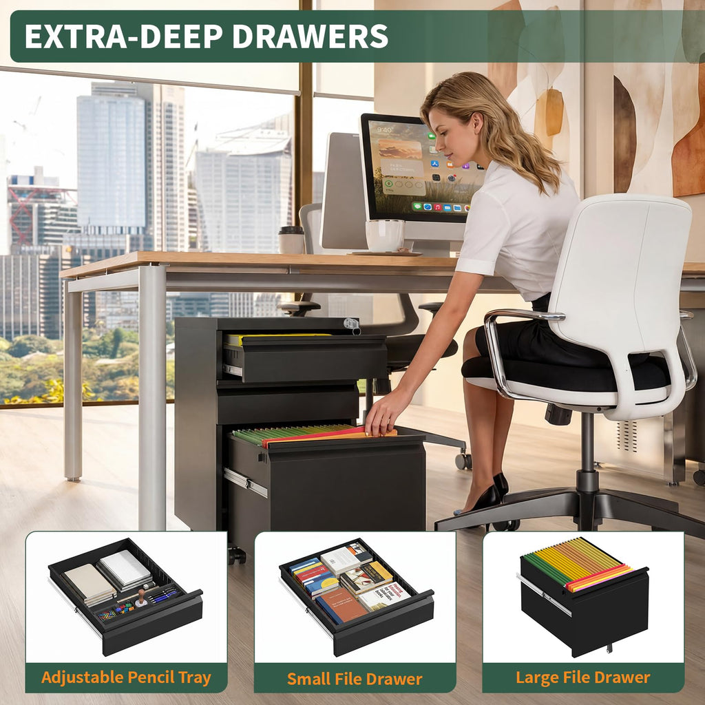 3 Drawer File Cabinet with Lock, Black Metal, Under Desk