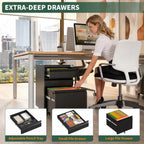 3 Drawer File Cabinet with Lock, Black Metal, Under Desk