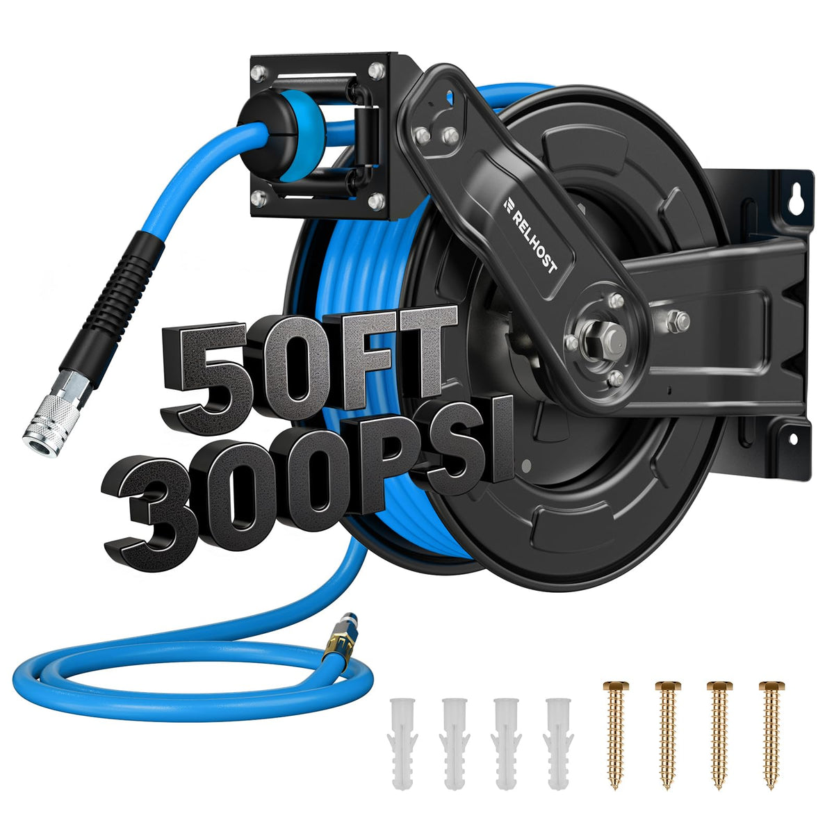 Retractable Air Hose Reel, 50 ft x 3/8 in Hybrid Air Hose Max 300PSI, Heavy Duty Air Compressor Hose Reel with Auto Rewind, Ceiling/Wall Mount for