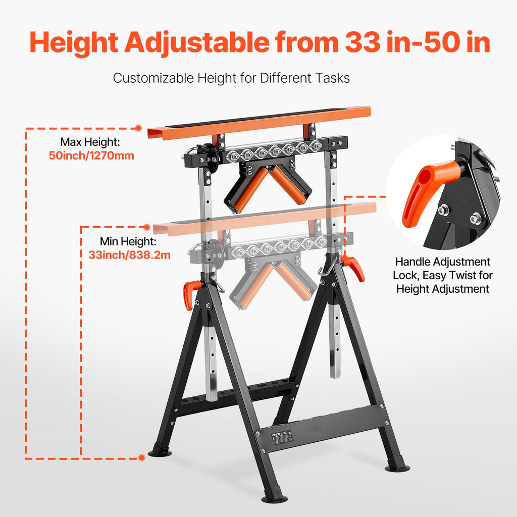 VEVOR 4-in-1 Roller Stand, 440 lb Load Capacity, 33-50 in Adjustable Height, Folding Heavy Duty with Rack & Polished Multi-Directional Roller Head
