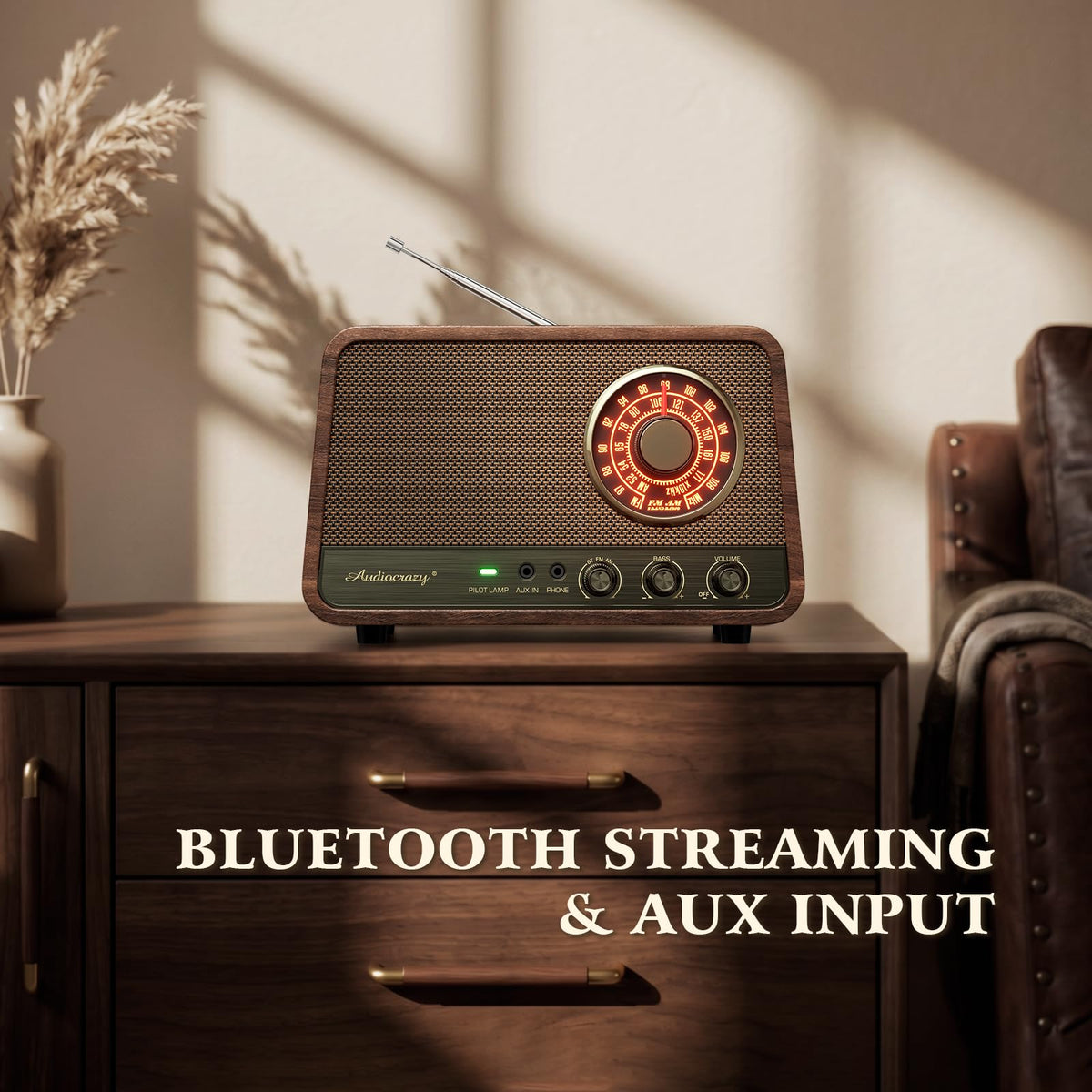 Vintage Wood AM FM Bluetooth Radio,10W Powerful Sound, Espresso