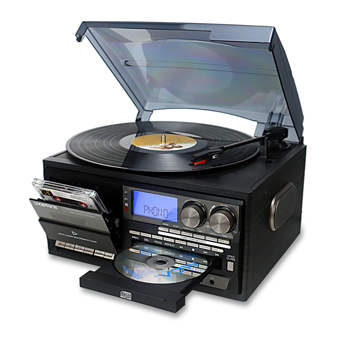 Vinyl Record Player 10 in 1 3 Speed Bluetooth Vintage Turntable CD Cassette Player AM/FM Radio USB Recorder Aux-in RCA Line-Out (Black-Grey)