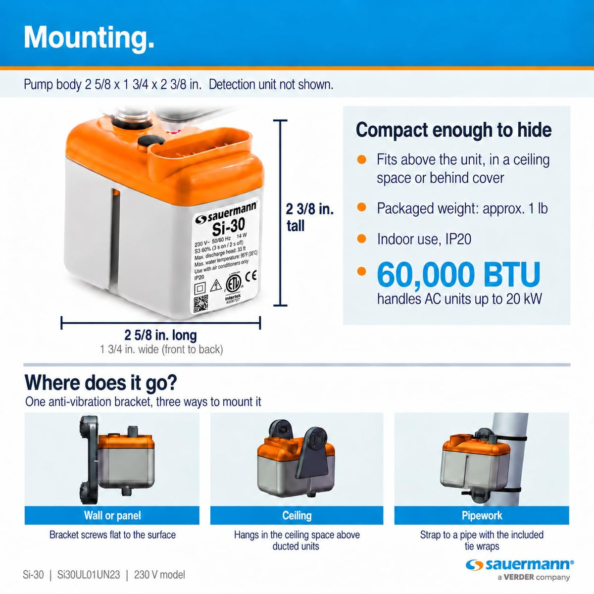 Sauermann Si-30 Mini Condensate Removal Pump for Mini Split AC, 230V