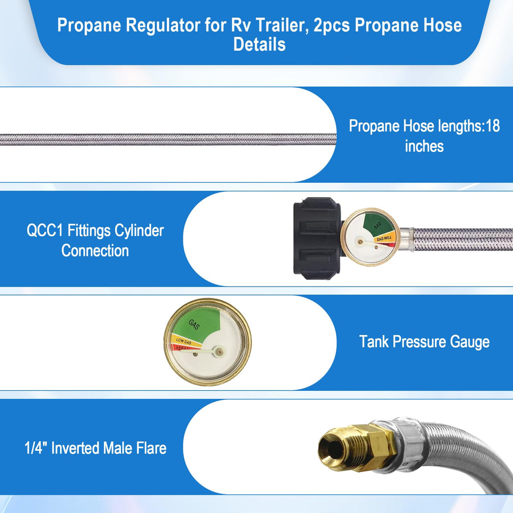 Rv Propane Regulator 2 Tank Hoses, LP Gas Regulator 2-Stage Auto Changeover Kit, Dual Tank Hoses with Propane Tank Gauge, Two-Cylinder Connection