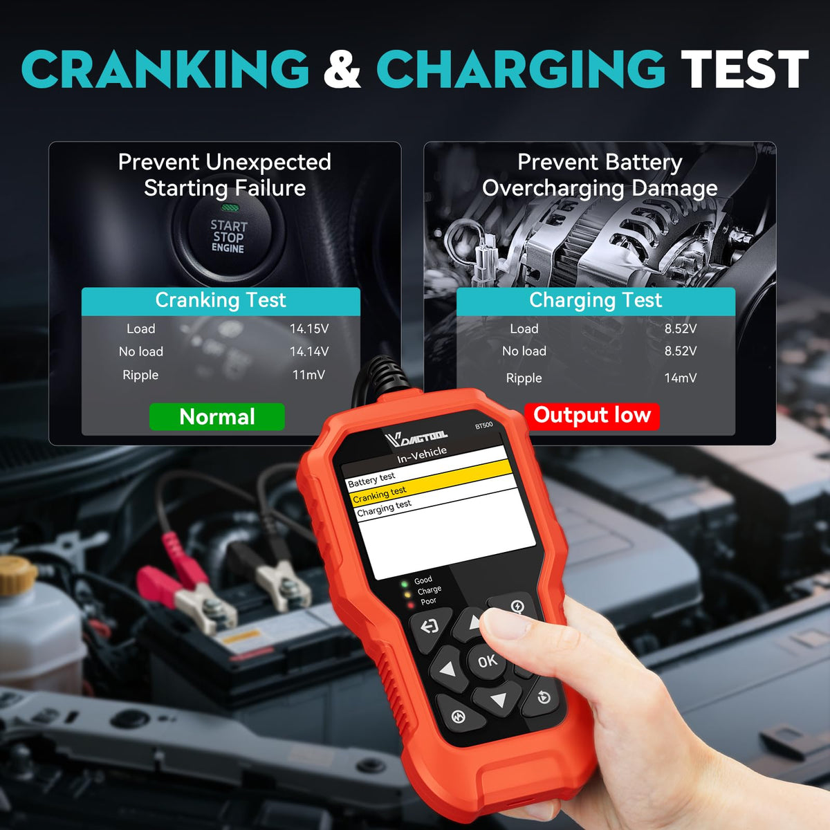 Car Battery Tester 6V 12V 24V VDIAGTOOL BT500, 5-3000 CCA Battery Load Tester, Starter Alternator Tester Automotive Charging Cranking System Analyzer