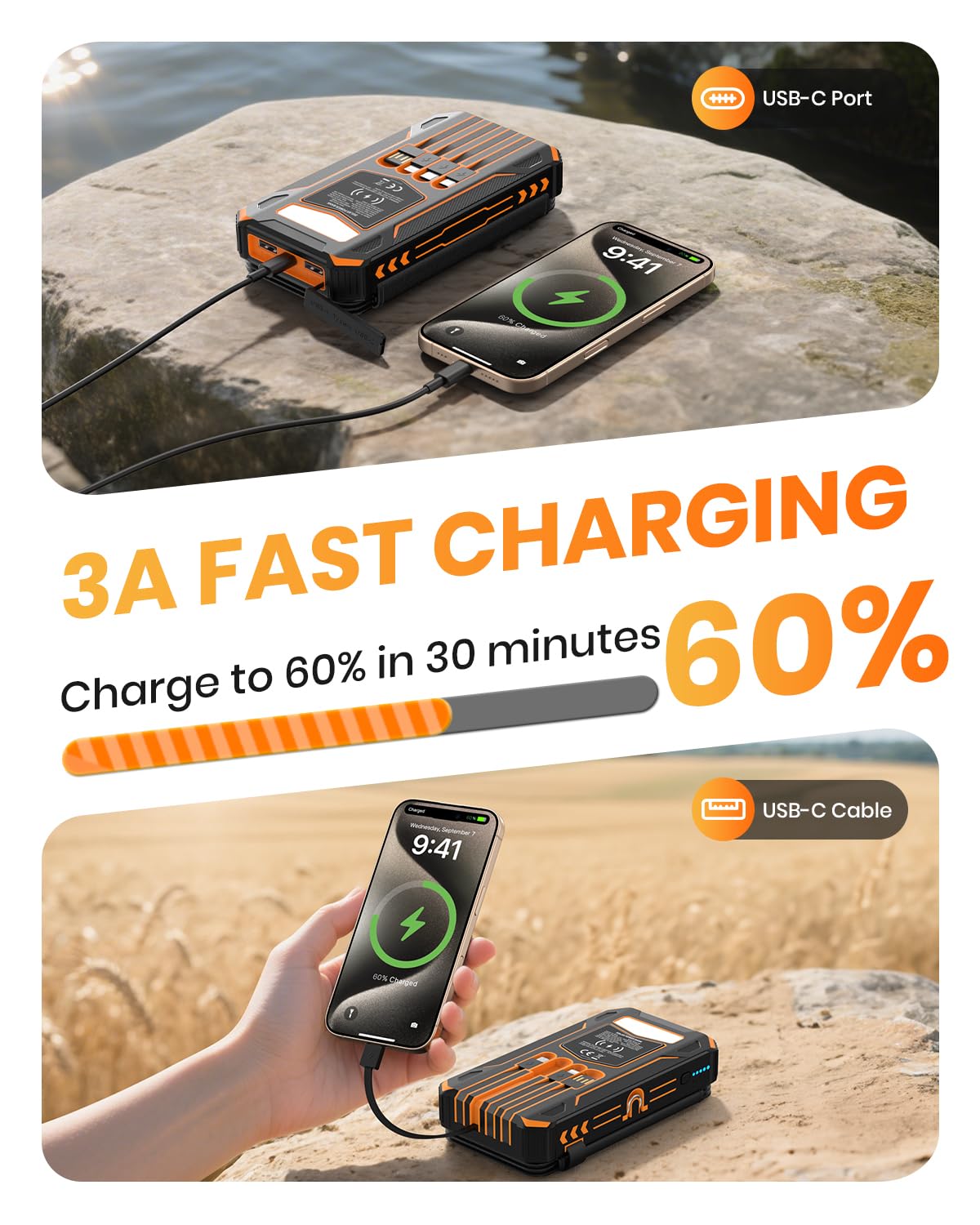 Solar Power Bank 48000mAh Wireless Portable Charger with 4 Cables