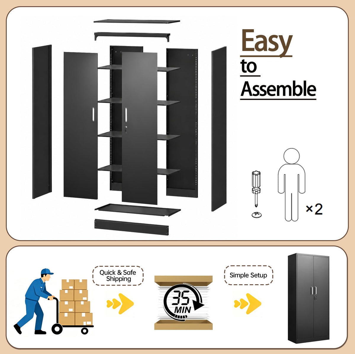 Metal Storage Cabinet with Adjustable Shelves, Garage Cabinet with 2 Lockable Doors, Garage Storage Cabinet, Kitchen Pantry Cabinet - 71'H, Black