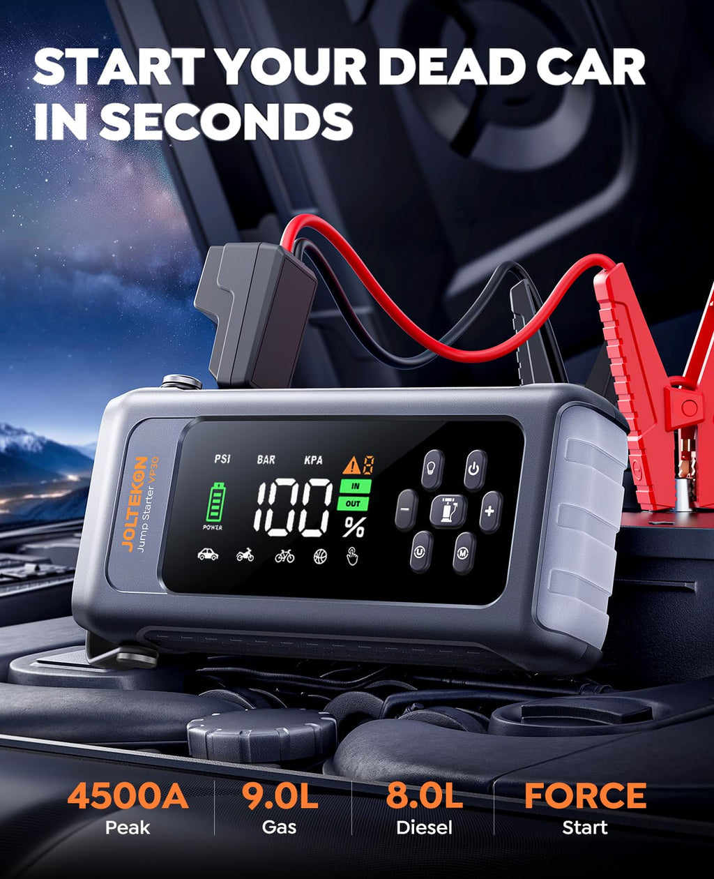 Car Battery Jump Starter with Air Compressor 4500A 150PSI, Car Jumper Starter Portable (9L Gas/8L Diesel), Jump Box Car Battery with Auto-Shutoff