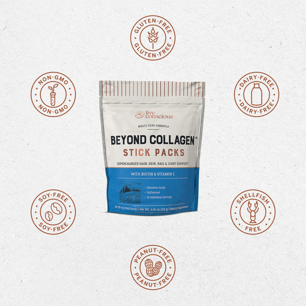 Live Conscious Beyond Collagen Peptides Powder Unflavored Packets - Hydrolyzed Collagen Powder - Hair Skin Nail & Joint Support - Multi Type Collagen