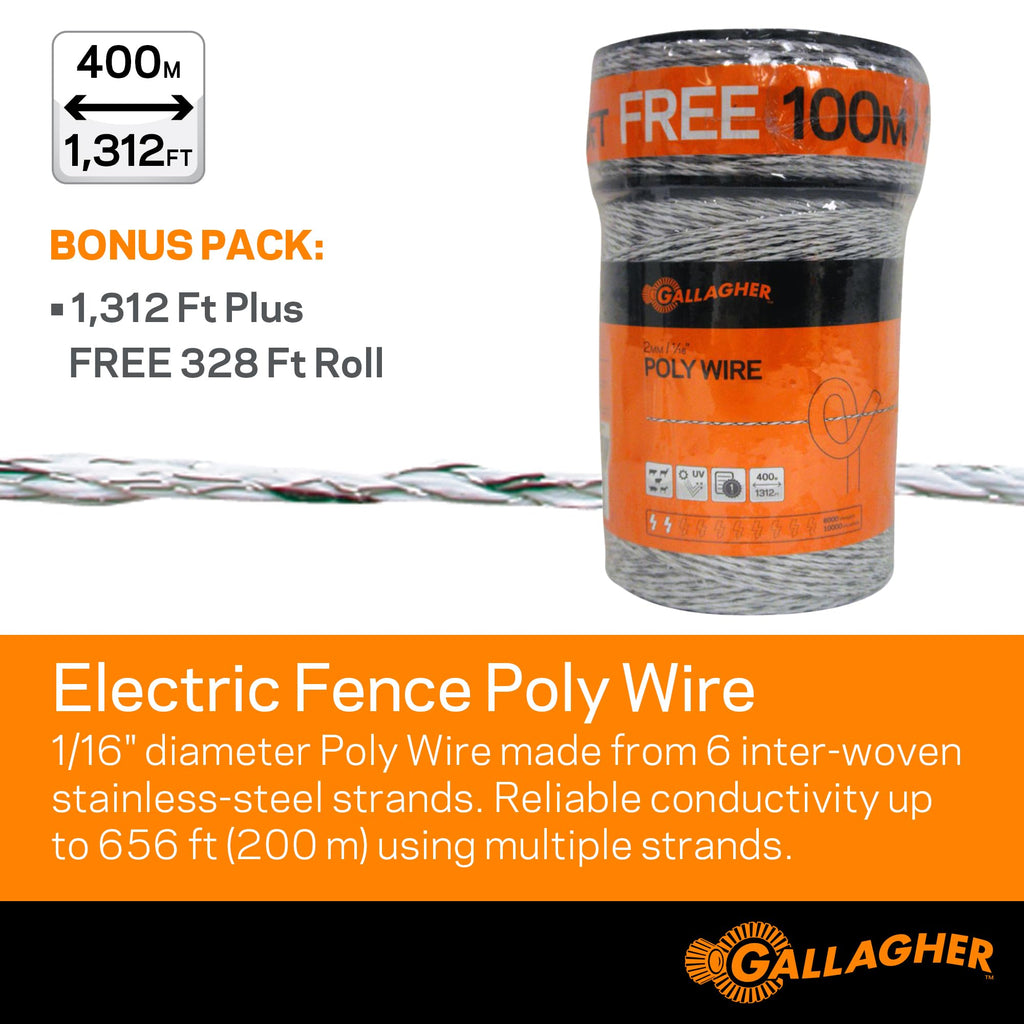 Gallagher 1/16" Electric Fence Polywire for Livestock, 1640ft Roll