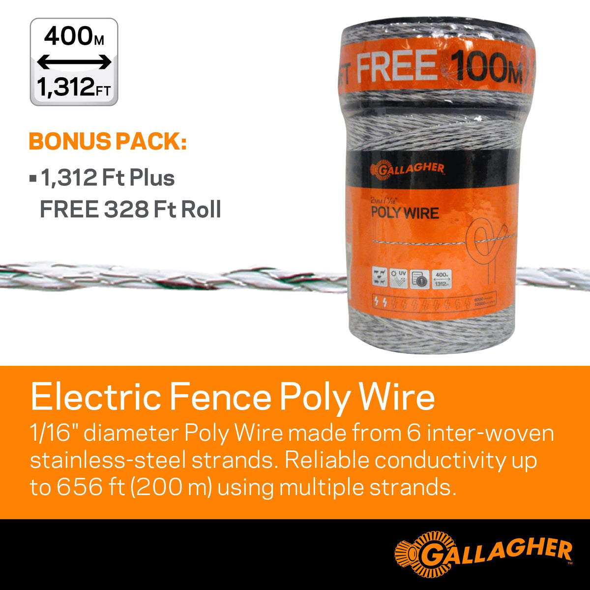 Gallagher 1/16" Electric Fence Polywire for Livestock, 1640ft Roll