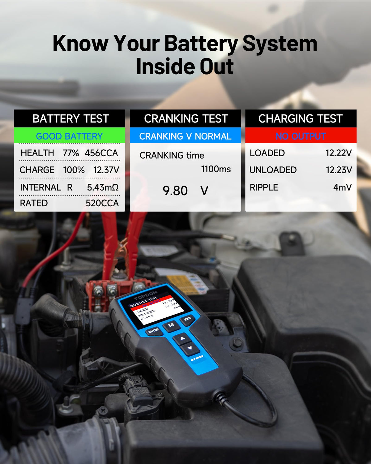 TOPDON BT200 Car Battery Tester, 12V/24V, 100-2000 CCA Load Tester