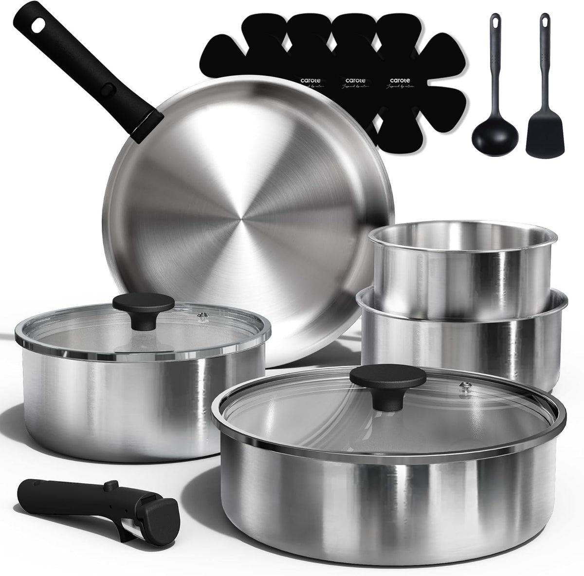 CAROTE 15pcs Tri-Ply Stainless Steel Cookware Set with Detachable Handle