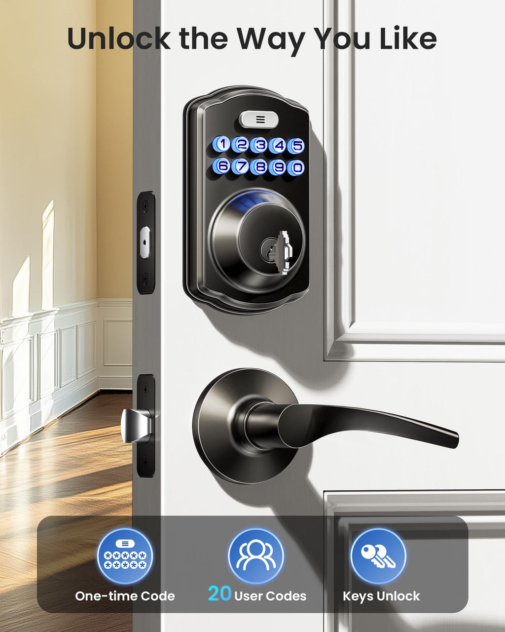 Veise KS01B Keypad Door Lock with 2 Lever Handles Set, Matte Black