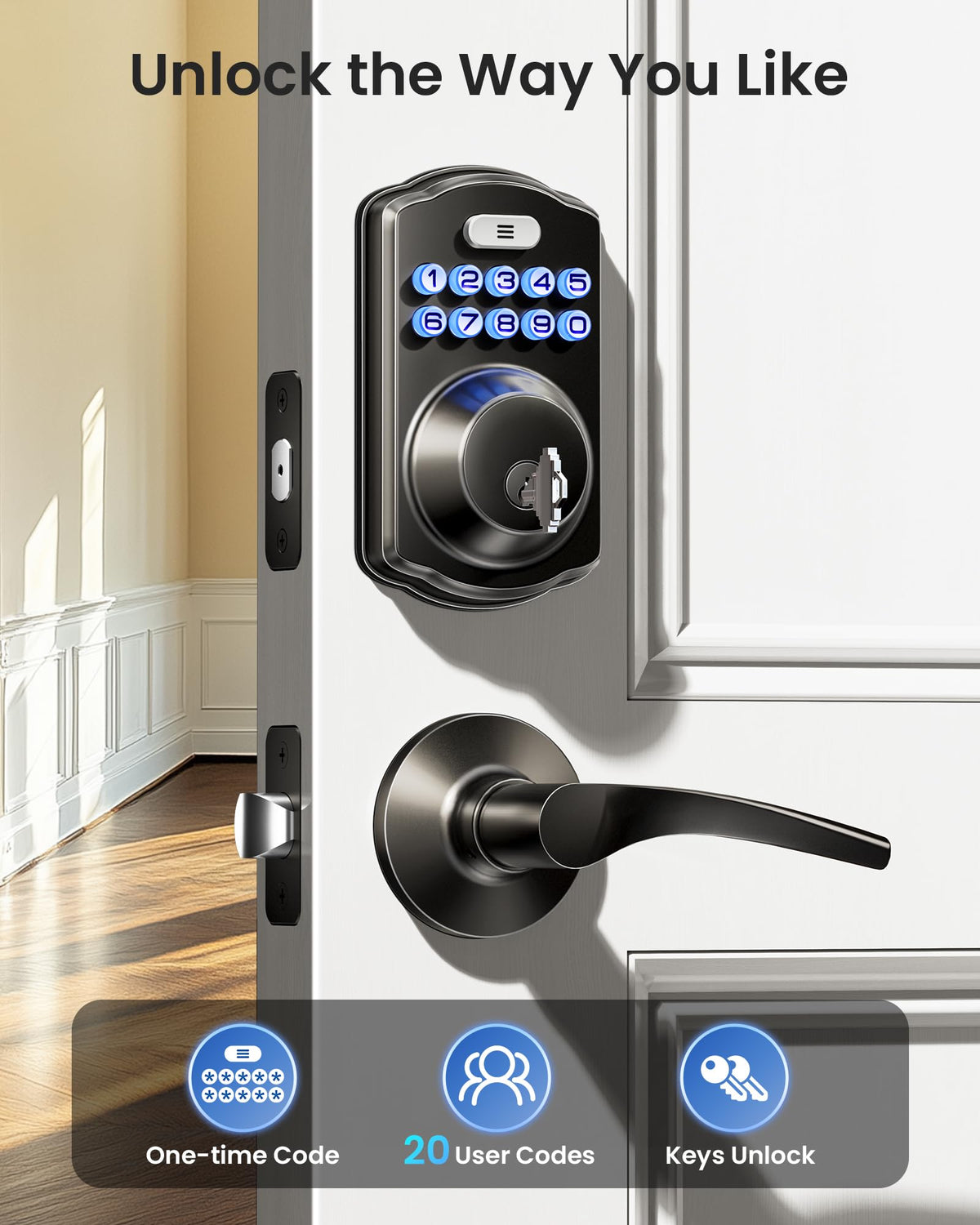 Veise KS01B Keypad Door Lock with 2 Lever Handles Set, Matte Black