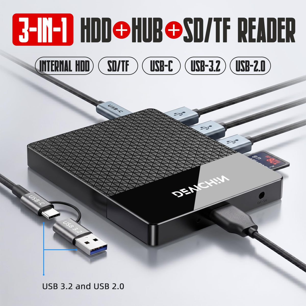 1TB External Hard Drive, USB C & USB 3.0 Multiport Hub+ SD/TF Card Reader 7-in-1 All in One, Docking Station, Multi-Function HDD for Windows, Mac