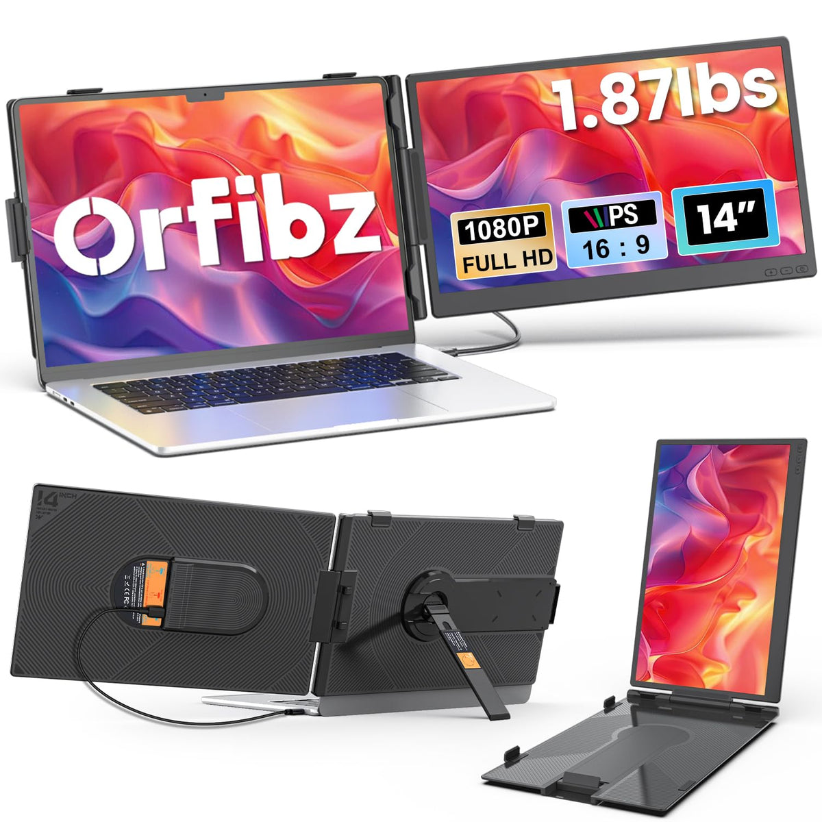 Laptop Screen Extender 1.87lbs Ultra-Portable & Ultra Slim, 14.2" FHD 1080P Dual Portable Monitor for 14"-17.3" Laptop, Plug & Play Travel Monitor