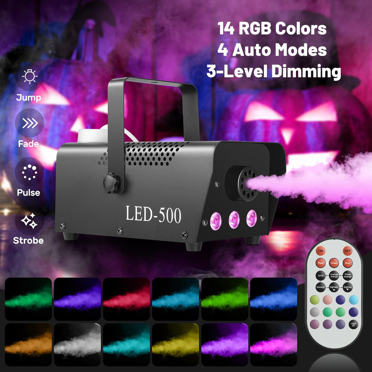 Fog Machine 500W with 14 Color RGB LED Lights and Auto Mode, 2000CFM Smoke Machine Fog with Wireless Remote Control for Parties Indoor Outdoor