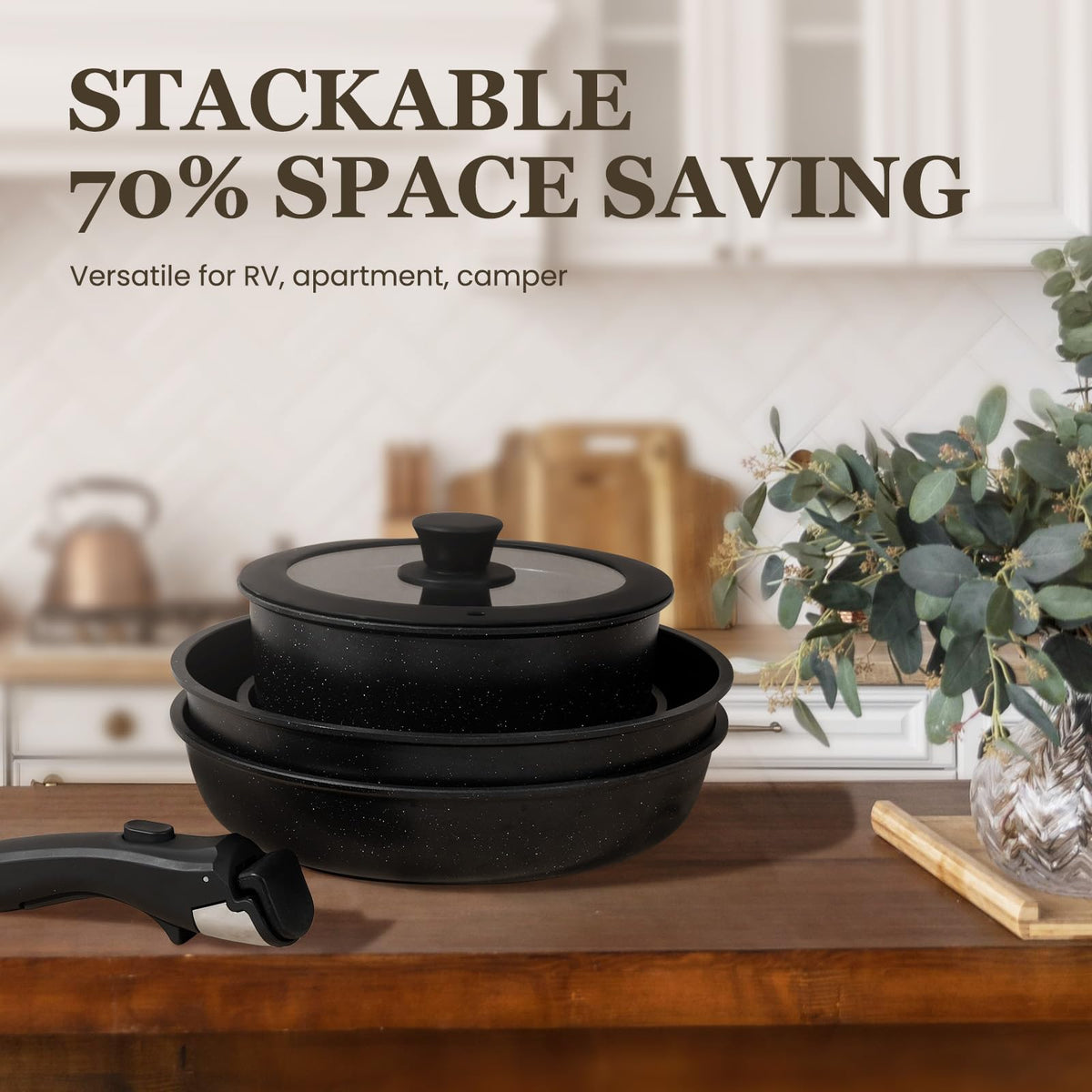Nonstick Pots and Pans Set - 20 Pack KIKCOIN Stackable Cookware Set with Detachable Handle, RV Kitchen Cooking Set with Removable Handles - Oven Safe