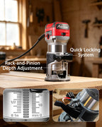 AVID POWER 6.5 Amp 1.25 HP Compact Router Tools for Woodworking, Fixed Base Wood Router with Trim Router Bits, 6 Variable Speeds, Edge Guide, Roller