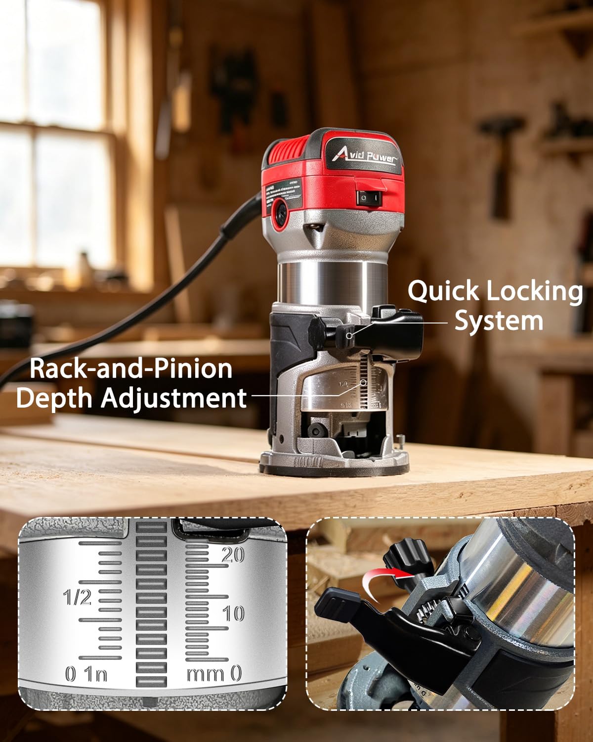 AVID POWER 6.5 Amp 1.25 HP Compact Router Tools for Woodworking, Fixed Base Wood Router with Trim Router Bits, 6 Variable Speeds, Edge Guide, Roller