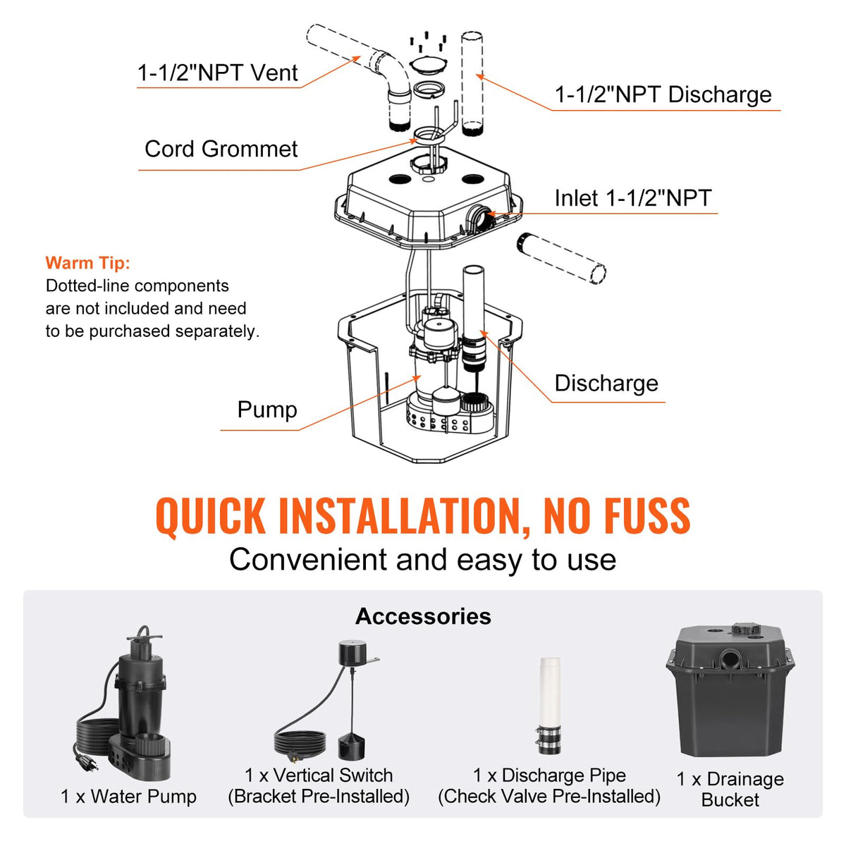 VEVOR Utility Sink Pump, 1/3 HP, 120-Volt, 2900 GPH Flow, 25 ft Head, Under-Sink Sump Pump System with 6 Gallon Basin, for Automatic Utility/Laundry