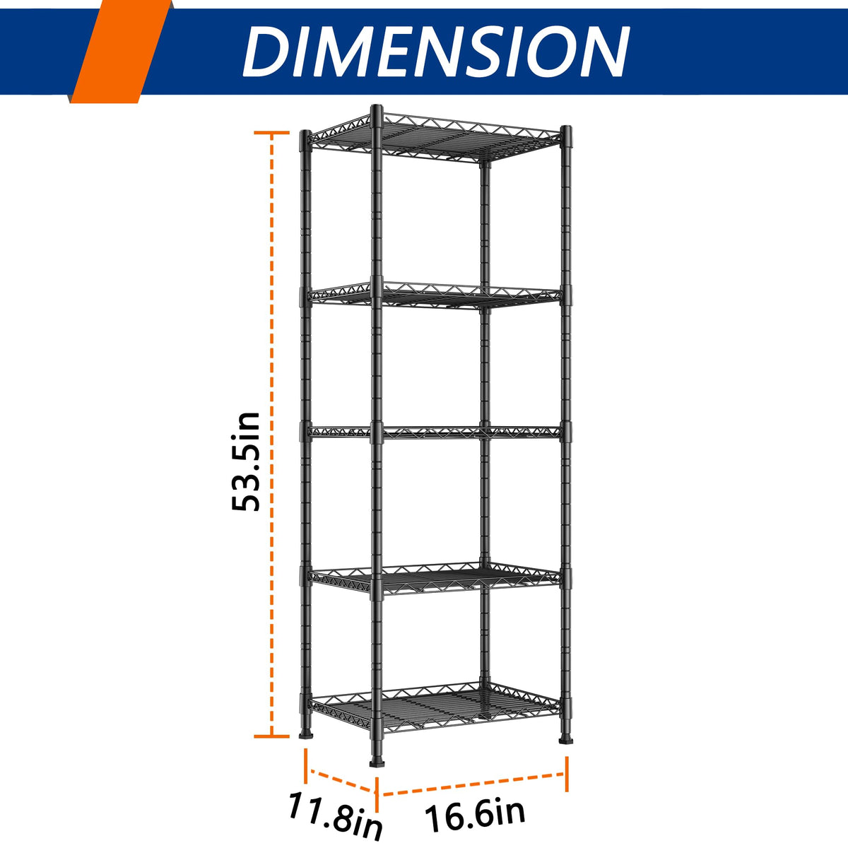 5-Wire Shelving Metal Storage Rack Adjustable Shelves,Standing Storage Shelf Units for Laundry Bathroom Kitchen Pantry Closet(Black,11.8" D x 16.6" W