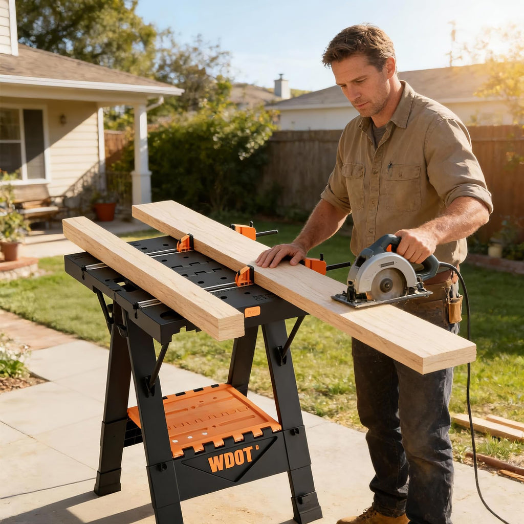 Portable Folding Work Bench Table 2-in-1 with 2 Clamps & 6 Bench Dogs
