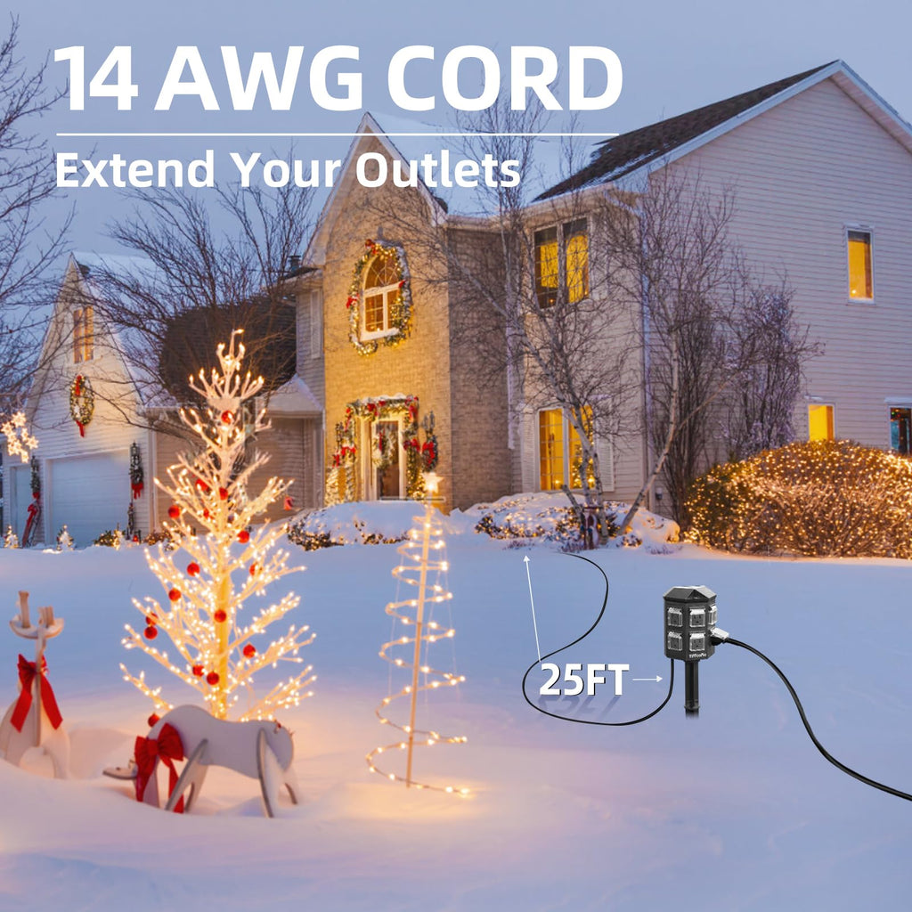 Outdoor Power Strip Weatherproof, 25 FT Extension Cord with Stake, 6 Grounded Outlets for Halloween and Christmas Decorations, 15A/1875W, ETL Listed