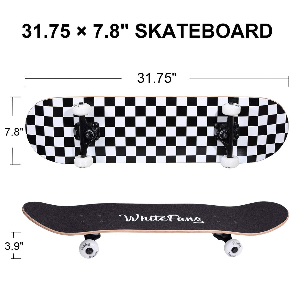 WhiteFang Skateboards for Beginners, Complete Skateboard 31 x 7.88, 7 Layer Canadian Maple Double Kick Concave Standard and Tricks Skateboards for