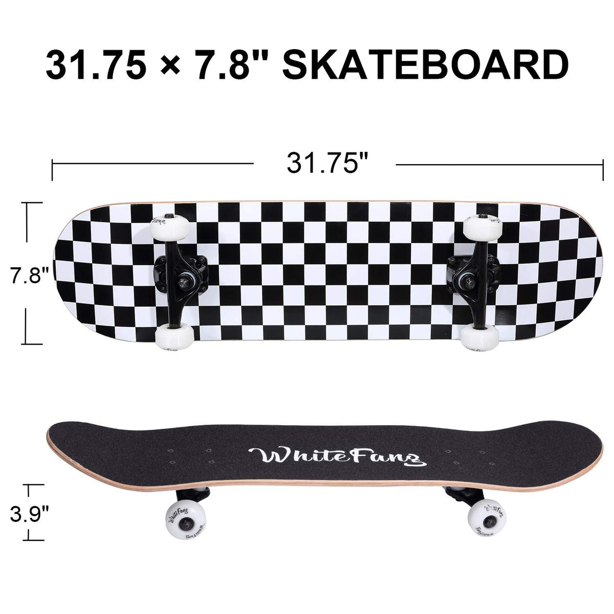 WhiteFang Skateboards for Beginners, Complete Skateboard 31 x 7.88, 7 Layer Canadian Maple Double Kick Concave Standard and Tricks Skateboards for