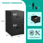 2 Drawer File Cabinet with Lock,Narrow Vertical Filing Cabinet,Under Desk File Cabinets,Black Metal File Cabinets for Home Office,Fit Letter/A4/Legal
