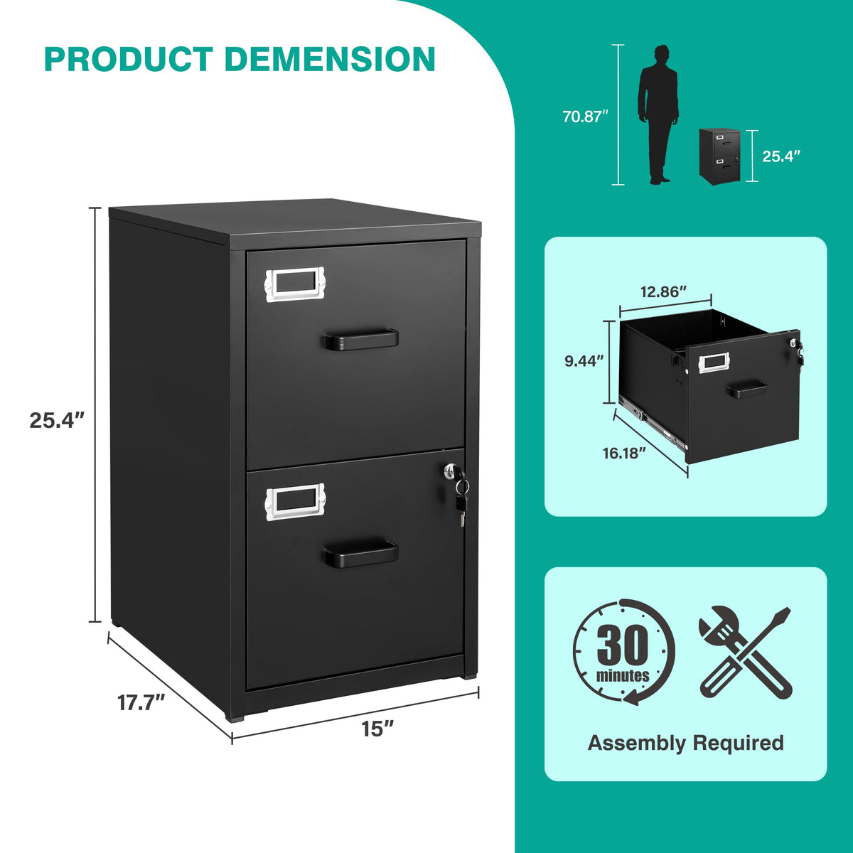 2 Drawer File Cabinet with Lock,Narrow Vertical Filing Cabinet,Under Desk File Cabinets,Black Metal File Cabinets for Home Office,Fit Letter/A4/Legal